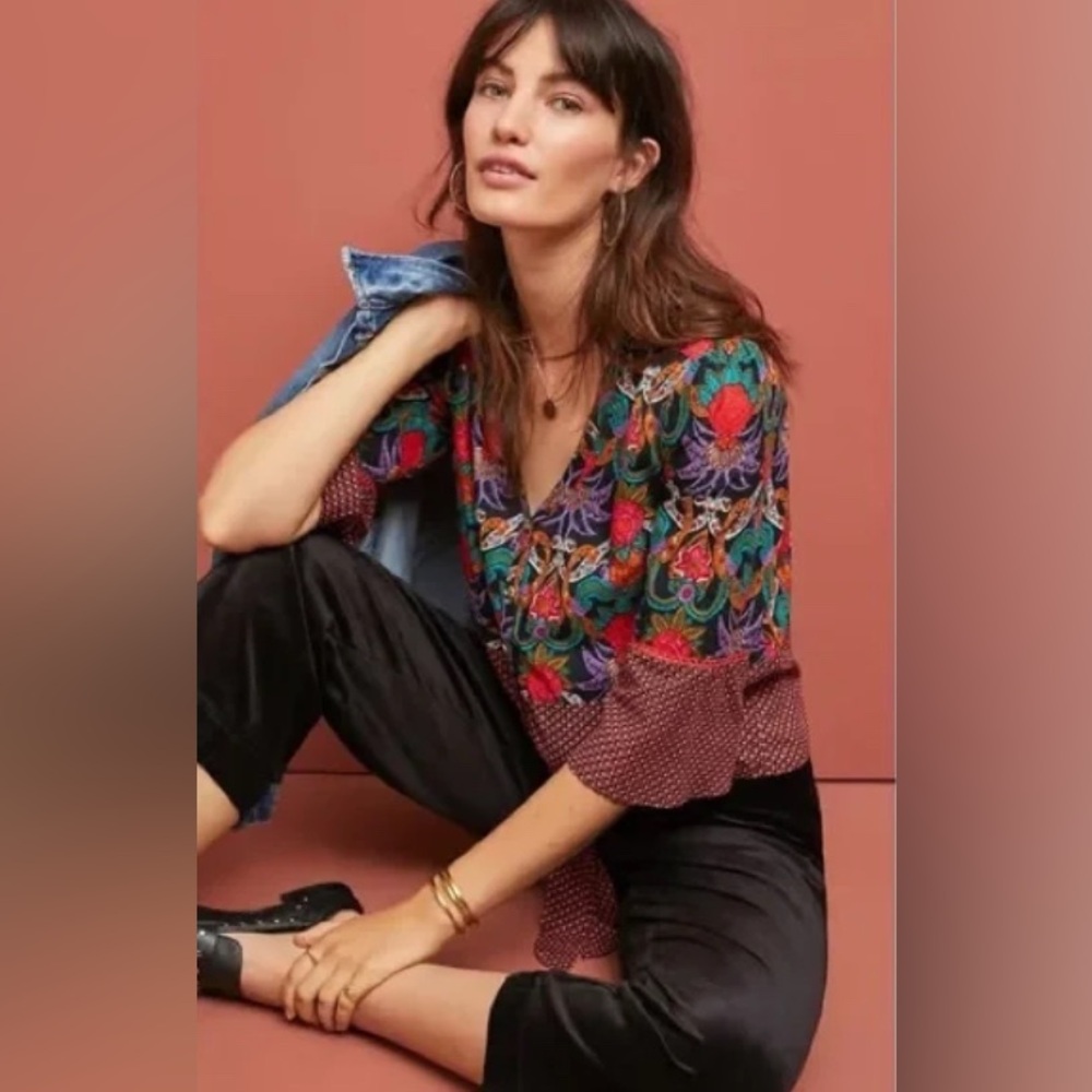 Anthropologie Maeve Carter Floral Tie Front Button Blouse Multicolor Size 8